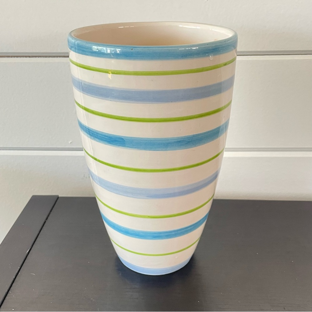 $10 SALE Elegant Blue Green Striped Vase Home Accent Floral Decor Ceramic Pot - Picture 7 of 7